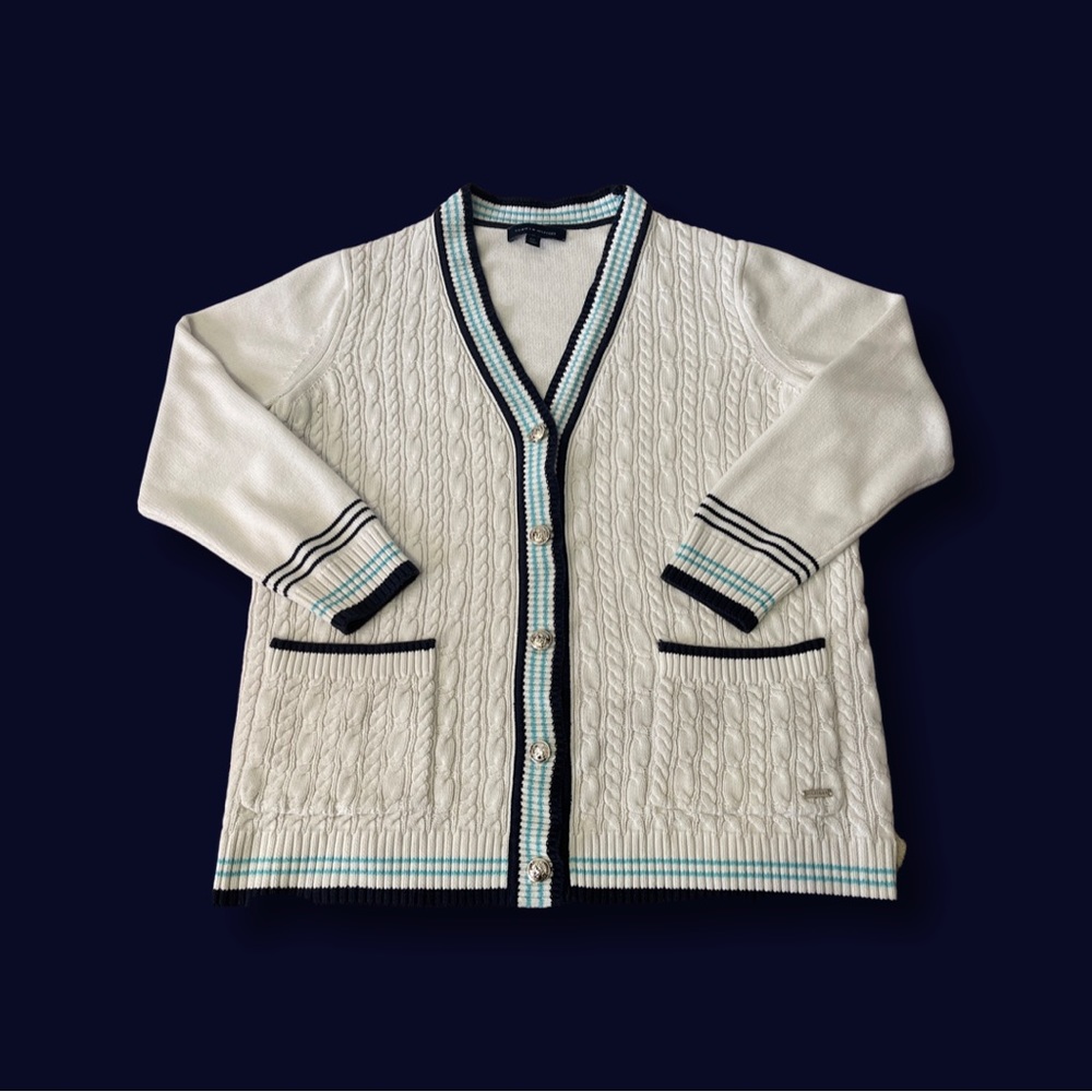Tommy Hilfiger Button Up Cable Knit Striped V-Neck Cardigan Women's Size Large